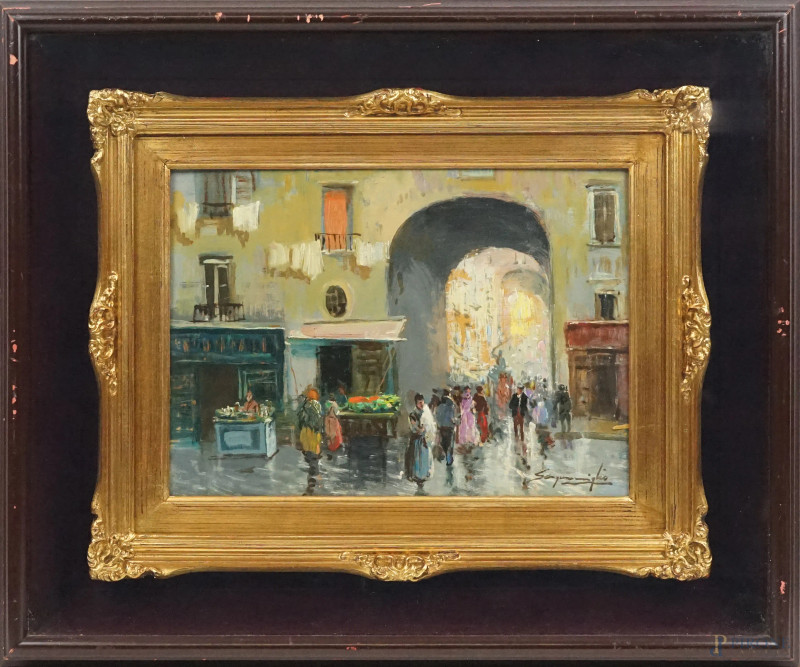 Mercato, olio su compensato, cm 25x35,  firmato Scognamiglio, entro cornice.  - Asta ASTA A TEMPO DI ANTIQUARIATO E ARTE MODERNA - Aste Pirone