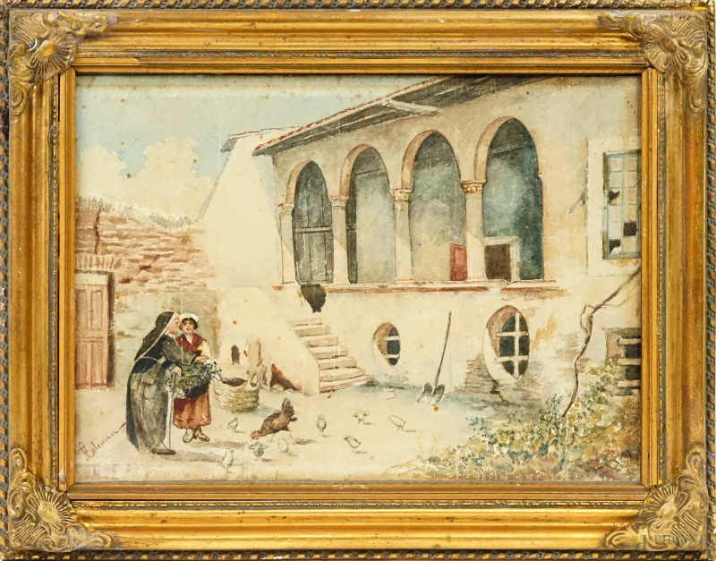 Esterno con cortile, acquarello su carta, cm 28x39, firmato, entro cornice.  - Asta ASTA A TEMPO DI ANTIQUARIATO E ARTE MODERNA – DUE SESSIONI - Aste Pirone