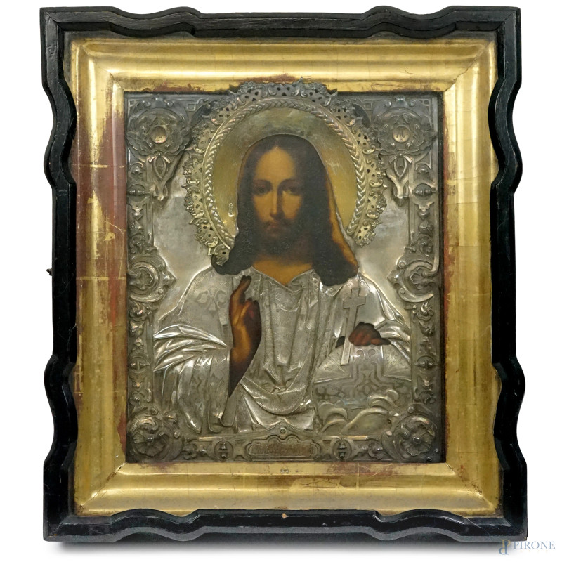 Icona raffigurante Cristo Benedicente, tempera su tavola con riza in argento, Russia, 1868, entro teca, cm 42.5x38.5x8  - Asta ASTA A TEMPO DI ANTIQUARIATO E ARTE MODERNA - Aste Pirone