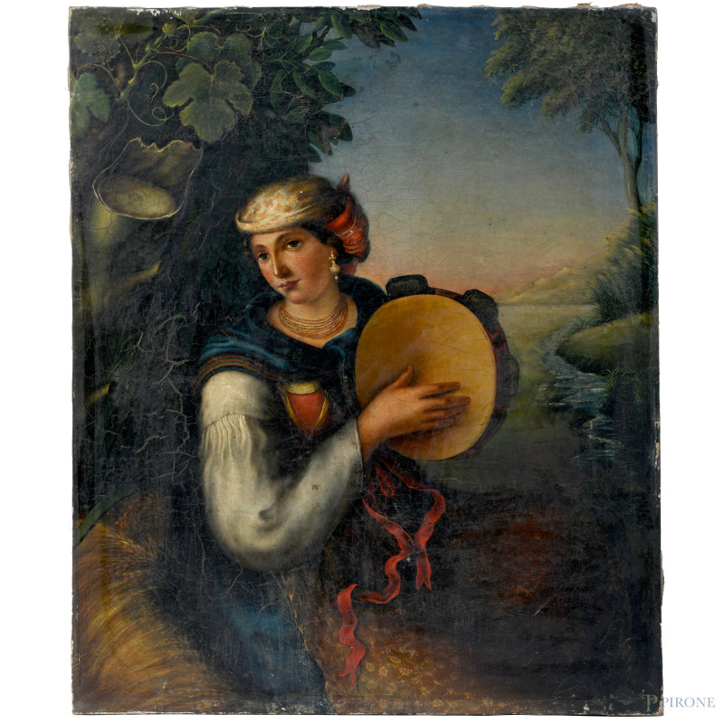 Suonatrice di tamburello, olio su tela, XIX secolo, cm 77x64, (sollevamenti di colore, diffuso craquelure, restauri di rotture)  - Asta ASTA A TEMPO | PICTA MANENT - Aste Pirone