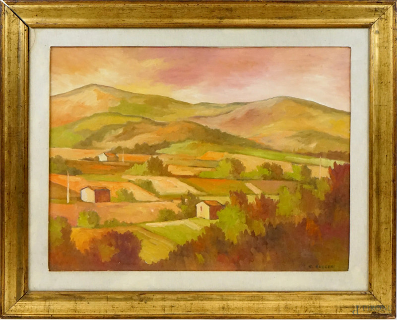 Paesaggio al tramonto, olio su tela, cm 60x80, firmato G.Ruggeri, entro cornice.  - Asta II TORNATA DI ASTA DI ARTE MODERNA E ANTIQUARIATO - Aste Pirone