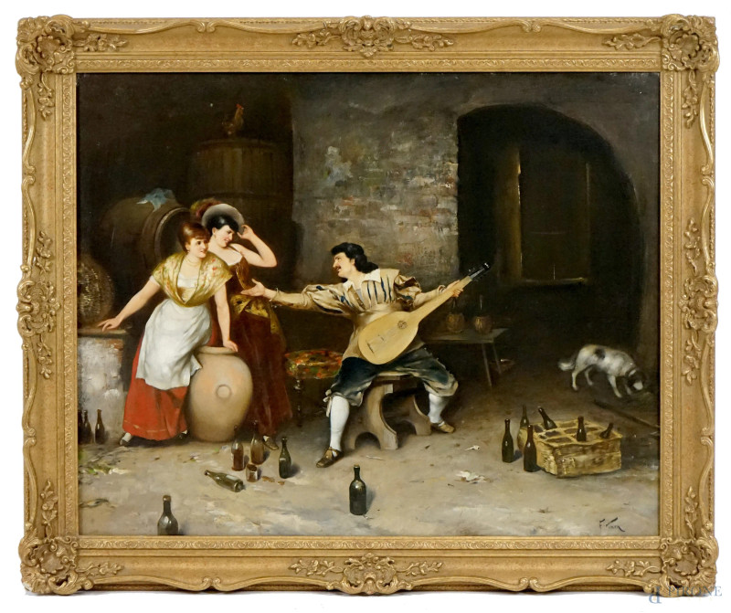 Interno con figure, olio su tela, cm 63x79,5, firmato, entro cornice.  - Asta ASTA DI ANTIQUARIATO E ARTE MODERNA - Aste Pirone