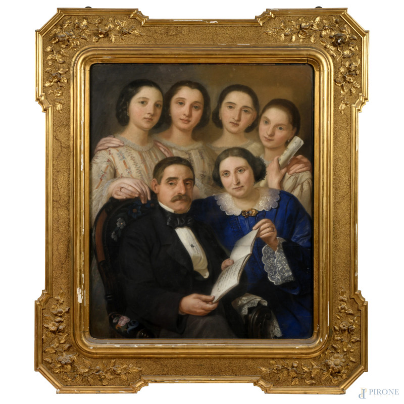 Andrea Fleissner (1807-1876), Ritratto di famiglia, pastelli su carta cm 107x87, entro cornice, (segni di usura)  - Asta RAPIDA SOLIS - Aste Pirone
