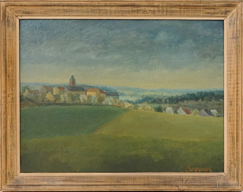 Veduta di paese, olio su masonite, cm 60x80, firmato, entro cornice.  - Asta ASTA A TEMPO - Aste Pirone