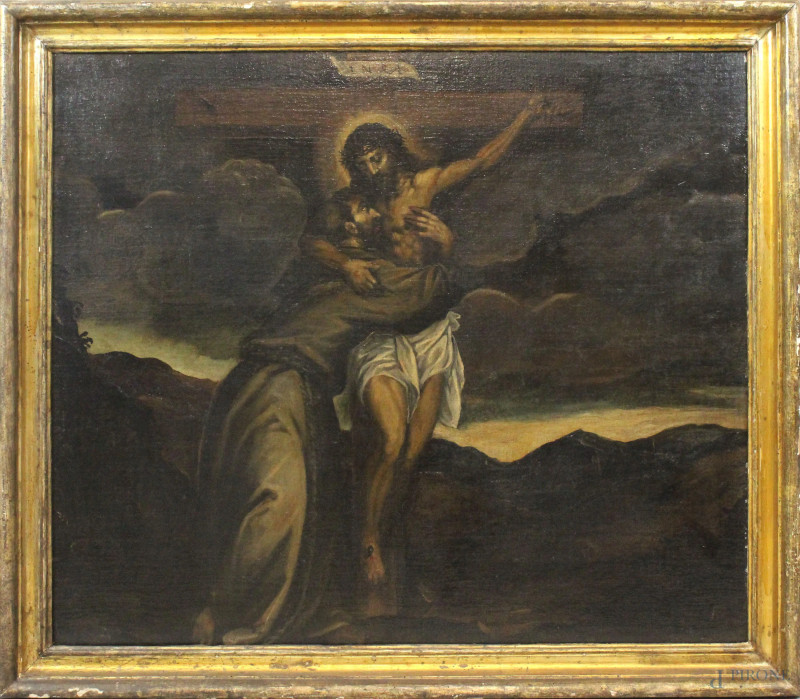 Pittore del XVII secolo, San Francesco che abbraccia Cristo crocefisso, olio su tela, cm 91x106, entro cornice.  - Asta ASTA DI ARTE MODERNA E ANTIQUARIATO - Aste Pirone