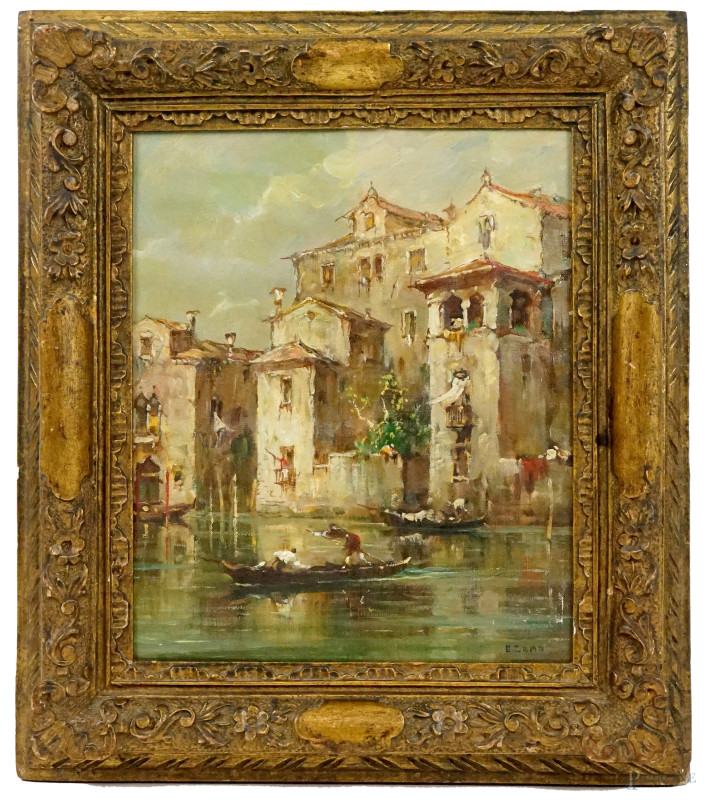 Scorcio con gondolieri, olio su tela, cm 31x25,5, firmato, entro cornice.  - Asta ASTA A TEMPO di Arte Moderna e Antiquariato - Aste Pirone