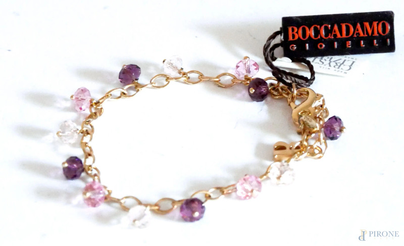 Bracciale in argento placcato oro giallo con pendenti zirconi viola e rosa, firmato.  - Asta ASTA DI ANTIQUARIATO - Aste Pirone