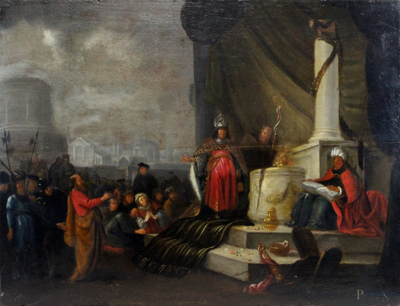 Scuola olandese del XVII secolo, Adorazione del vitello d'oro, olio su tavola, cm 45x62.  - Asta ANTIQUARIATO E ARTE MODERNA - Aste Pirone