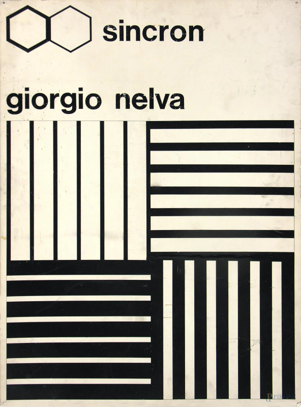 Giorgio Nelva (1940), bozzetto originale per il manifesto della mostra tenuta presso la galleria Sincron di Brescia nel 1972, collage e lettering trasferibili su cartone Shoeller, cm 103x73  - Asta ASTA A TEMPO | PICTA MANENT - Aste Pirone