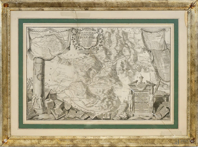 Diocesis et agri tirburtini topographia, incisione del XVIII secolo, cm 44x65, entro cornice.  - Asta II TORNATA DI ASTA DI ARTE MODERNA E ANTIQUARIATO - Aste Pirone