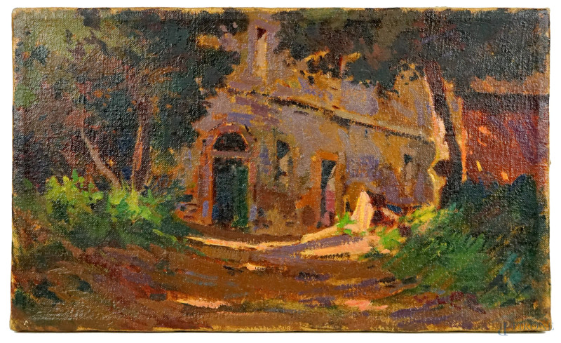 Angiolo Volpe : Interno di vecchia villa, olio su tela, cm 30x50.  - Asta II TORNATA DI ASTA DI ARTE MODERNA E ANTIQUARIATO - Aste Pirone