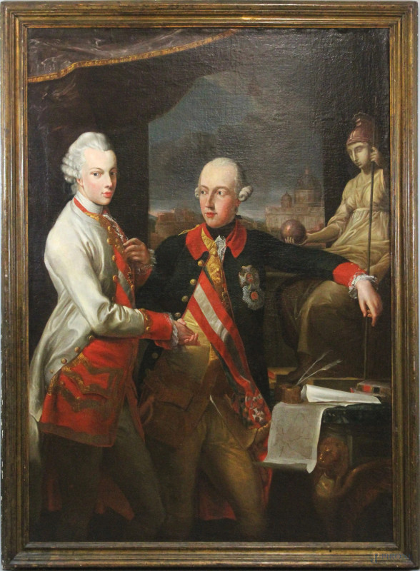 Pittore del XVIII secolo, Ritratto dell'Imperatore Giuseppe II d'Austria e del fratello Pietro Leopoldo di Toscana, olio su tela, cm 175x125, entro cornice.  - Asta ANTIQUARIATO E ARTE MODERNA - Aste Pirone