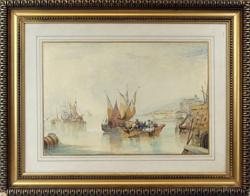 Edward Angelo Goodall : Antico porto di Genova, acquarello su carta, cm 55x37, entro cornice.  - Asta SECONDA TORNATA D' ASTA A TEMPO DI FINE STAGIONE - Aste Pirone