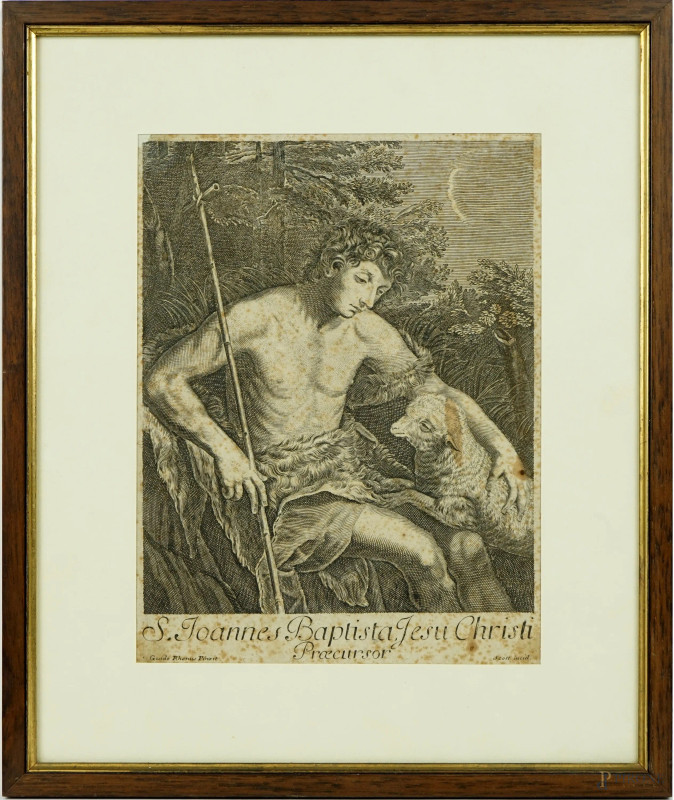 San Giovanni Battista, antica incisione, cm 24,5x18,5, pittore Guido Reni (1575-1642), incisore Scott, (macchie e difetti sulla carta).  - Asta ASTA DI ANTIQUARIATO E ARTE MODERNA - Aste Pirone