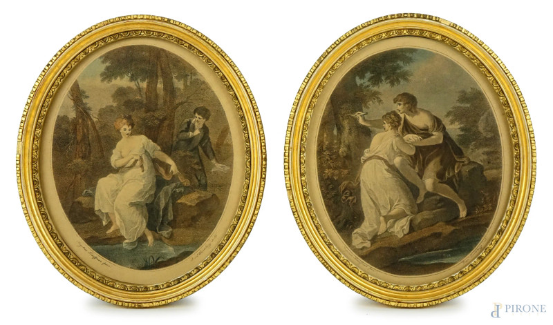 Lotto di due stampe a colori raffiguranti Damone e Musidora e Paride ed Enone, cm 22,5x18,5, Angelica Kauffman pittrice, Francesco Bertolozzi incisore, entro cornici.  - Asta ASTA DI ANTIQUARIATO E ARTE MODERNA - Aste Pirone