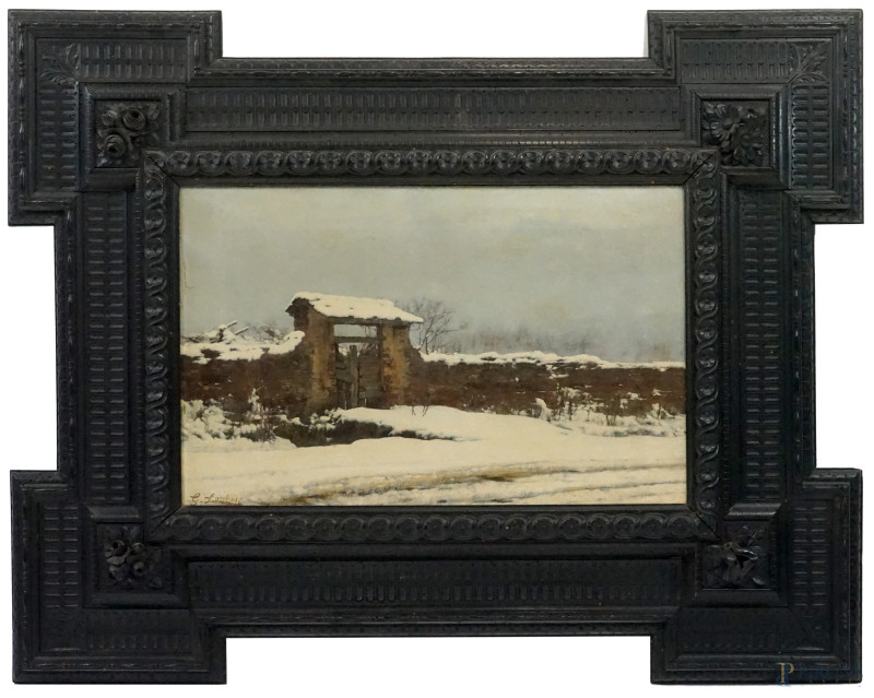 Giorgio Lucchesi : Paesaggio innevato, olio su tela, cm 38x58 ca., entro cornice  - Asta ASTA A TEMPO DI ANTIQUARIATO E ARTE MODERNA - Aste Pirone