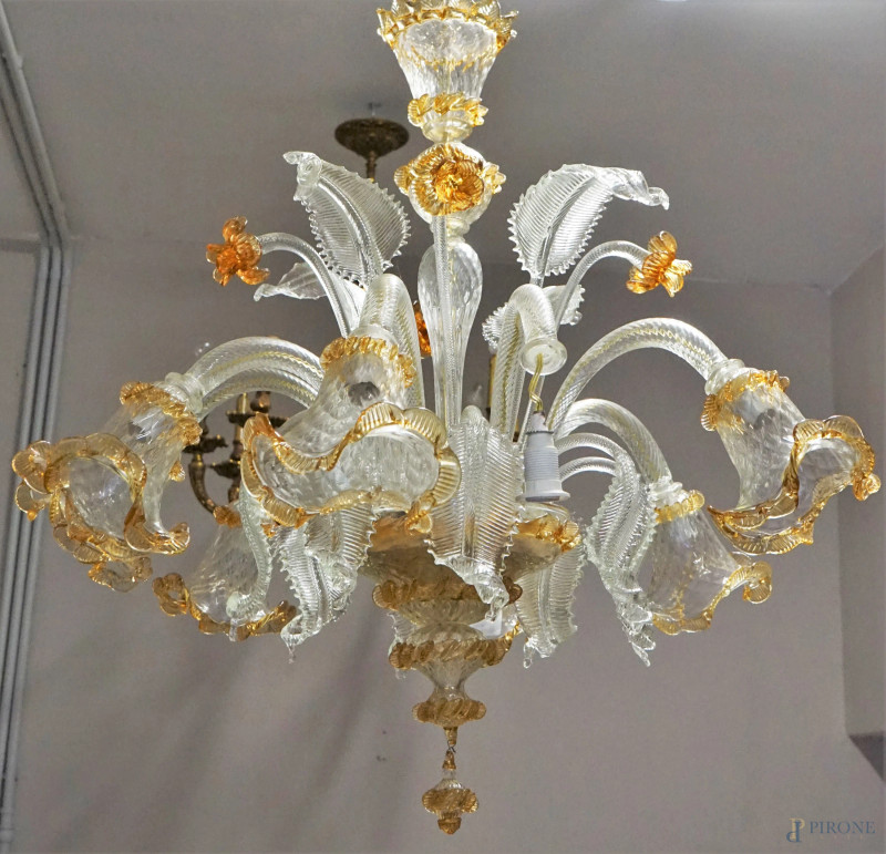 Lampadario in vetro di Murano ad otto luci, cm h 95, XX secolo  - Asta ASTA DI ANTIQUARIATO E ARTE MODERNA - Aste Pirone