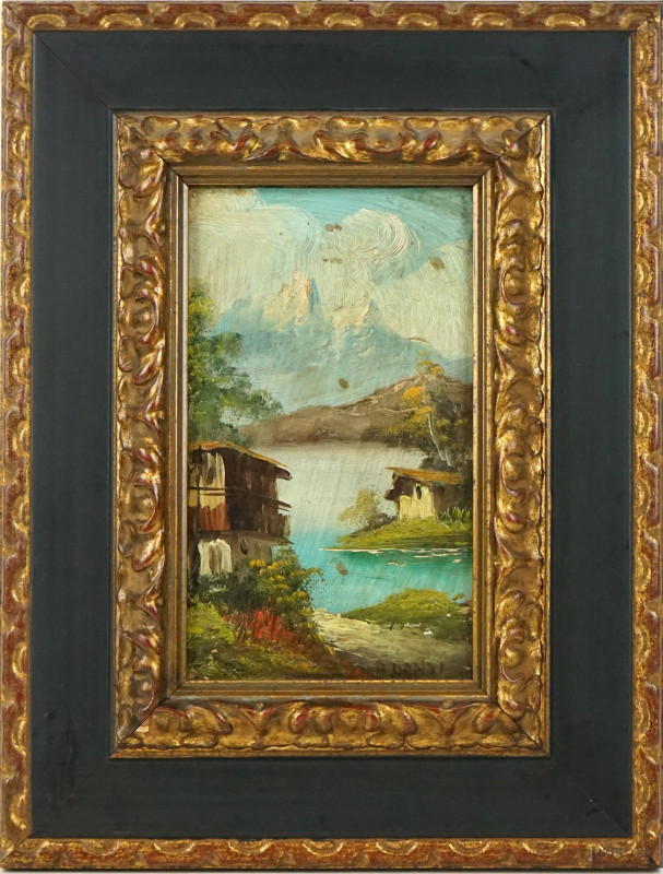 Paesaggio montano con lago, olio su tavola, 19,5x11,5, firmato, entro cornice.  - Asta ASTA A TEMPO - DUE SESSIONI - Aste Pirone