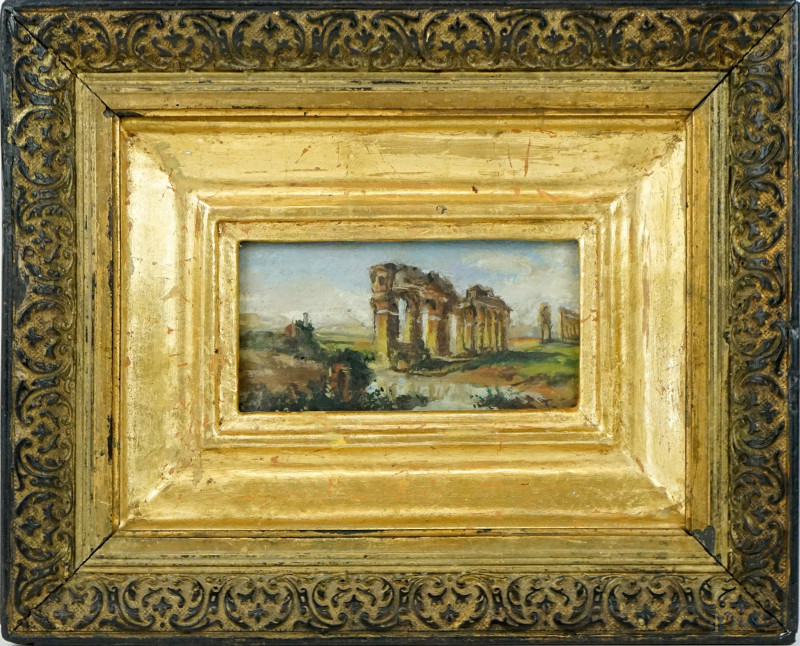 Acquedotto Claudio, olio su tela, cm 5,5x11,5 circa, XX secolo, entro cornice, (difetto sulla carta).  - Asta ASTA DI ANTIQUARIATO E ARTE MODERNA - Aste Pirone