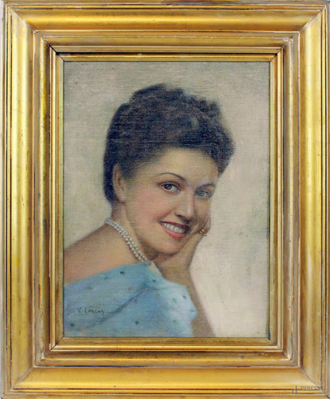 Ritratto di ragazza, olio su cartone telato, cm 33,5x25,5, firmato, entro cornice.  - Asta ASTA DI ARTE MODERNA E ANTIQUARIATO - Aste Pirone