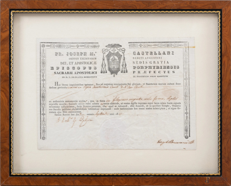 Documento "FR. Ioseph M. Castellani", 1844, (segni di usura, tracce di piegatura, tracce di umdiità, difetti)  - Asta  ASTA A TEMPO | VARIÆ - Aste Pirone