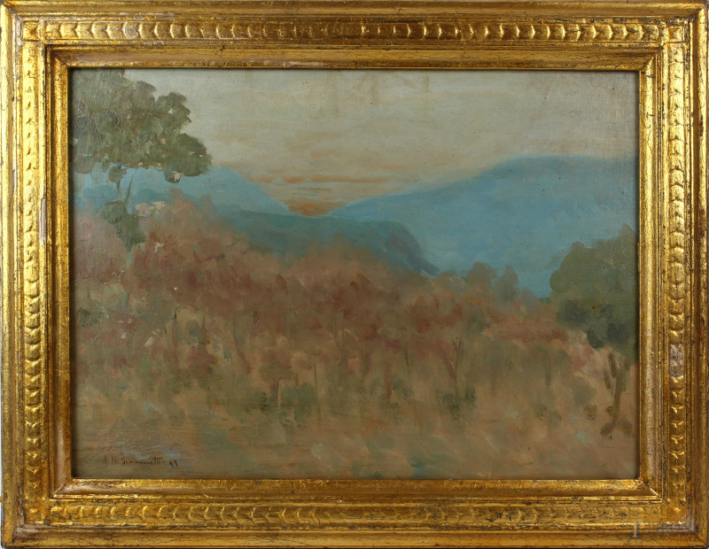 Campagna laziale, olio su tela riportata su legno, cm 37x50, firmato, entro cornice.  - Asta Asta a Tempo di Antiquariato e Arte Moderna - Aste Pirone