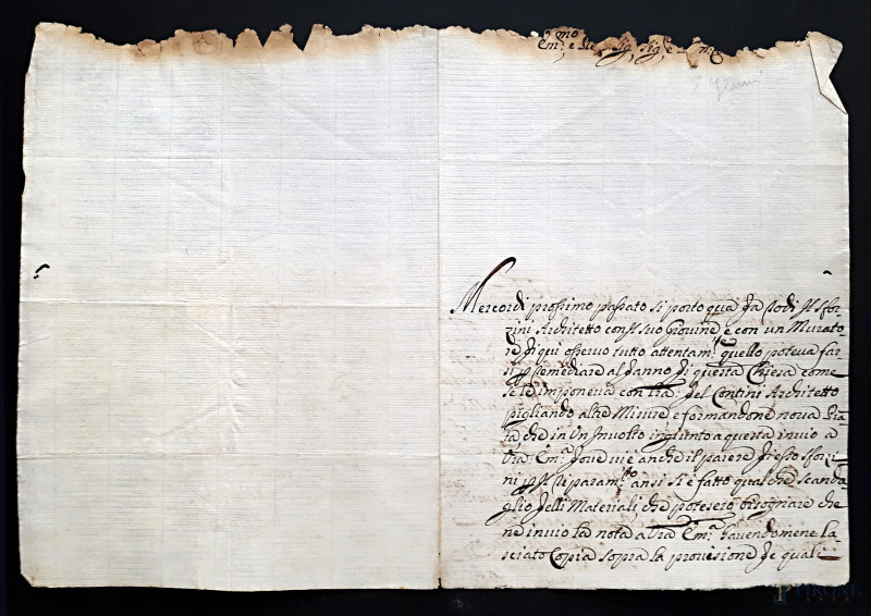 Antico raro manoscritto umbro del 1699 scampato a incendio, vergato a penna d’oca e inchiostro di galla su carta vergellata e filigranata  - Asta ASTA DI ARTE MODERNA, CONTEMPORANEA E VINTAGE - Aste Pirone