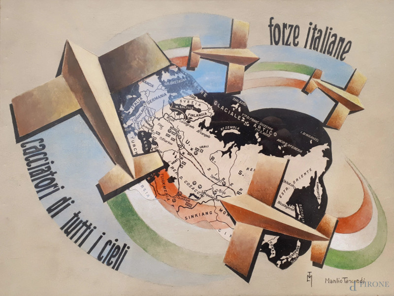  Forze italiane cacciatori di tutti i cieli, aeropittura a tecnica mista su cartone, cm 26x34, firmato in basso a destra   - Asta ASTA A TEMPO DI ANTIQUARIATO E ARTE MODERNA - Aste Pirone