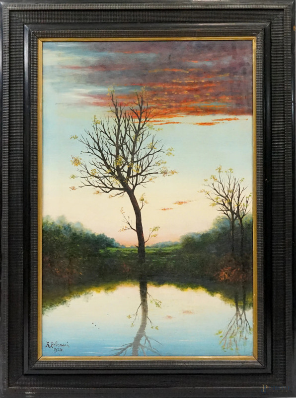 Albero al tramonto, olio su tela, cm 70x50, firmato e datato, entro cornice.  - Asta ASTA A TEMPO DI ANTIQUARIATO E ARTE MODERNA - Aste Pirone