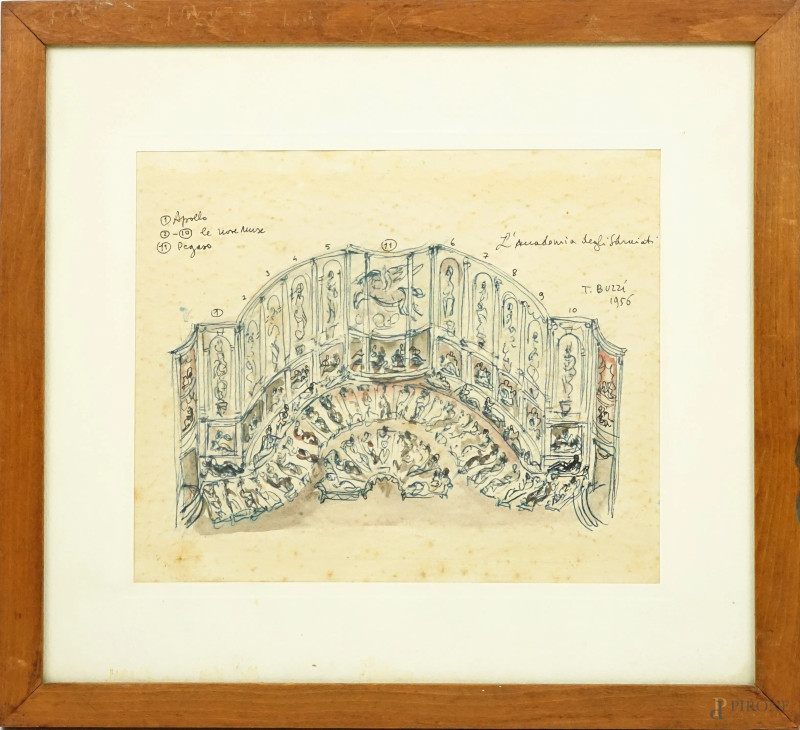 Tomaso Buzzi : Studio per l'Accademia degli Sdraiati, bozzetto realizzato a tecnica mista su carta, cm 19x22,5, datato 1956, entro cornice, (macchie)  - Asta ASTA A TEMPO DI ANTIQUARIATO E ARTE MODERNA - Aste Pirone