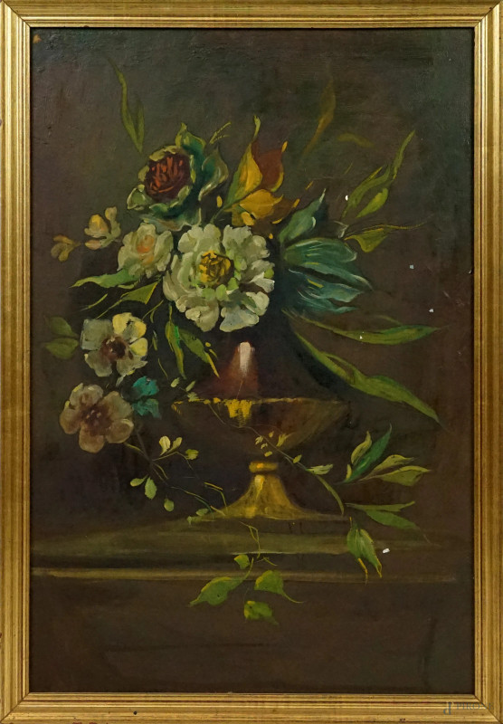 Artista del XX secolo, Vaso con fiori, olio su tela, cm 60,5x40, entro cornice, (lievi difetti)  - Asta ASTA A TEMPO DI ANTIQUARIATO E ARTE MODERNA – DUE SESSIONI - Aste Pirone