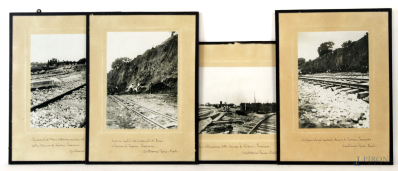 Quattro fotografie d'epoca raffiguranti ampliamento e sistemazione della stazione di Priverno-Fossanova, Direttissima Roma-Napoli, misure max cm 14,5x20,5, entro cornici  - Asta SECONDA TORNATA D' ASTA A TEMPO DI FINE STAGIONE - Aste Pirone