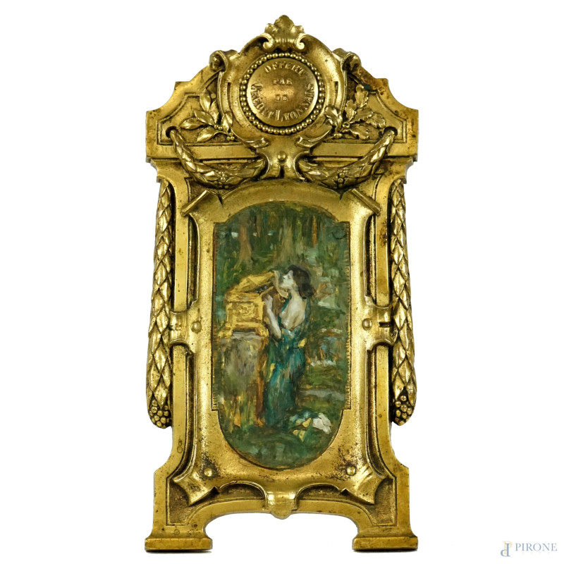 Cornice liberty in bronzo dorato, decoro dipinto in policromia raffigurante figura femminile, cm 19,5x10,5, (difetti).  - Asta ASTA DI ANTIQUARIATO E ARTE MODERNA - Aste Pirone