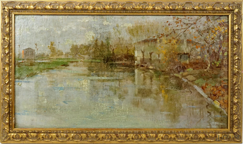 Paesaggio lagunare, olio su cartone, cm 57x30, firmato Vettore Zanetti Zilla, entro cornice.  - Asta ASTA DI ANTIQUARIATO - Aste Pirone