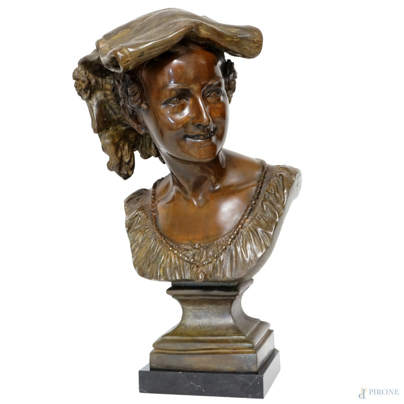 Busto di fanciulla, scultura in bronzo, cm h 45, firmata J.B.Carpeaux, base in marmo.  - Asta I TORNATA DI ASTA A TEMPO DI ARTE MODERNA E ANTIQUARIATO - Aste Pirone