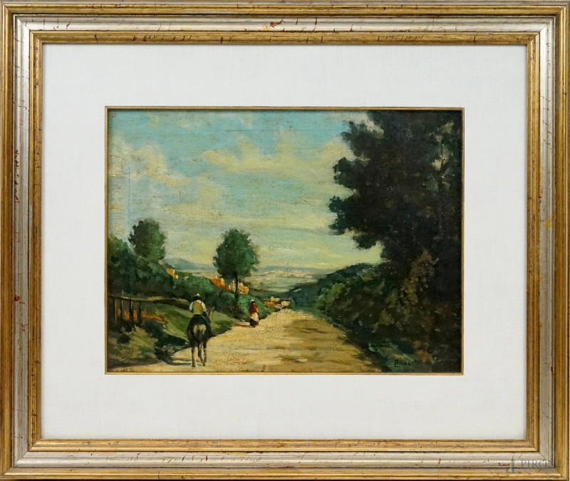 Viale con figure, olio su tavola, cm  31x40 circa, firmato, entro cornice  - Asta ASTA A TEMPO DI ANTIQUARIATO E ARTE MODERNA - Aste Pirone