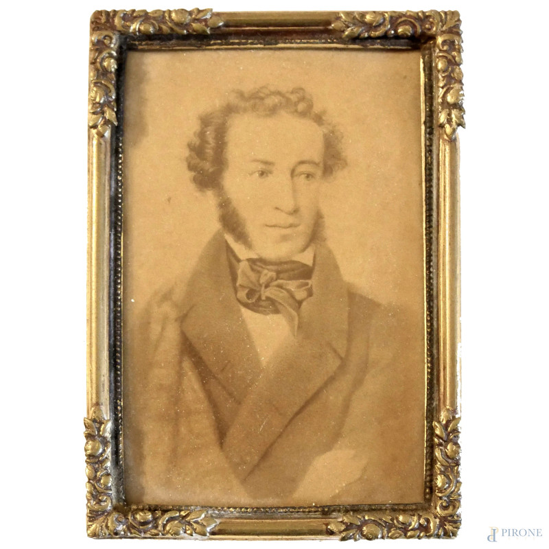 Antica fotografia russa raffigurante Aleksandr Puskin (1799-1837), cm 9x6,5  - Asta II TORNATA DI ASTA DI ARTE MODERNA E ANTIQUARIATO - Aste Pirone