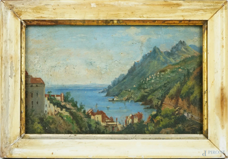 Scorcio di costa, olio su cartone, cm 13x21, firmato, entro cornice.  - Asta II TORNATA DI ASTA DI ARTE MODERNA E ANTIQUARIATO - Aste Pirone