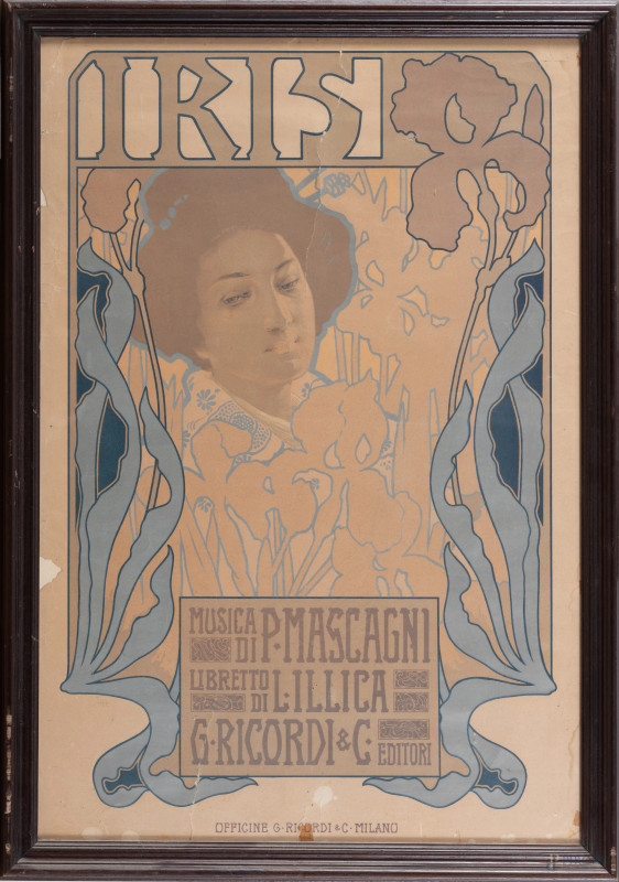 Manifesto dell'opera Iris di Pietrio Mascagni, XIX-XX secolo, cm 67,5x47,5, entro cornice, (segni di usura, strappi, lacune, tracce di umidità)  - Asta  ASTA A TEMPO | VARIÆ - Aste Pirone