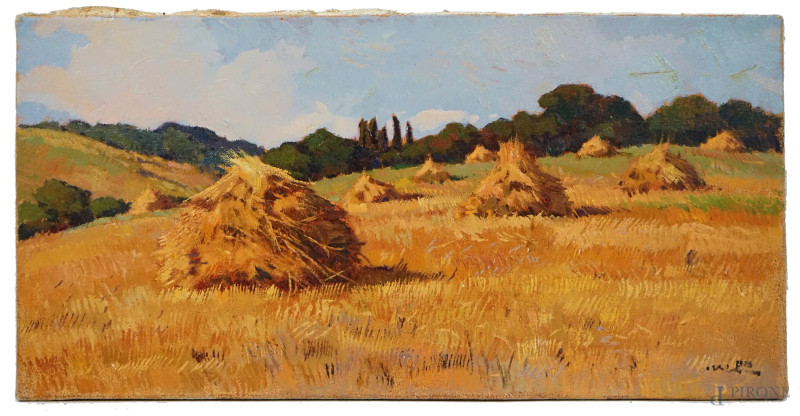 Angiolo Volpe : Covoni di grano, olio su tela, cm 40x80.  - Asta II TORNATA DI ASTA DI ARTE MODERNA E ANTIQUARIATO - Aste Pirone