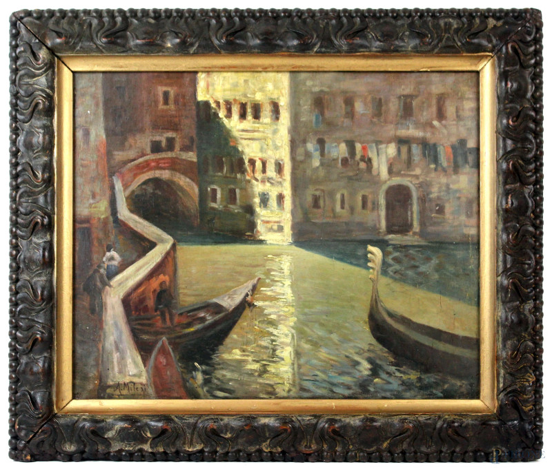 Scorcio di Venezia, olio su tavola, cm 40x50, firmato, entro cornice  - Asta Asta a Tempo di Antiquariato e Arte Moderna - Aste Pirone