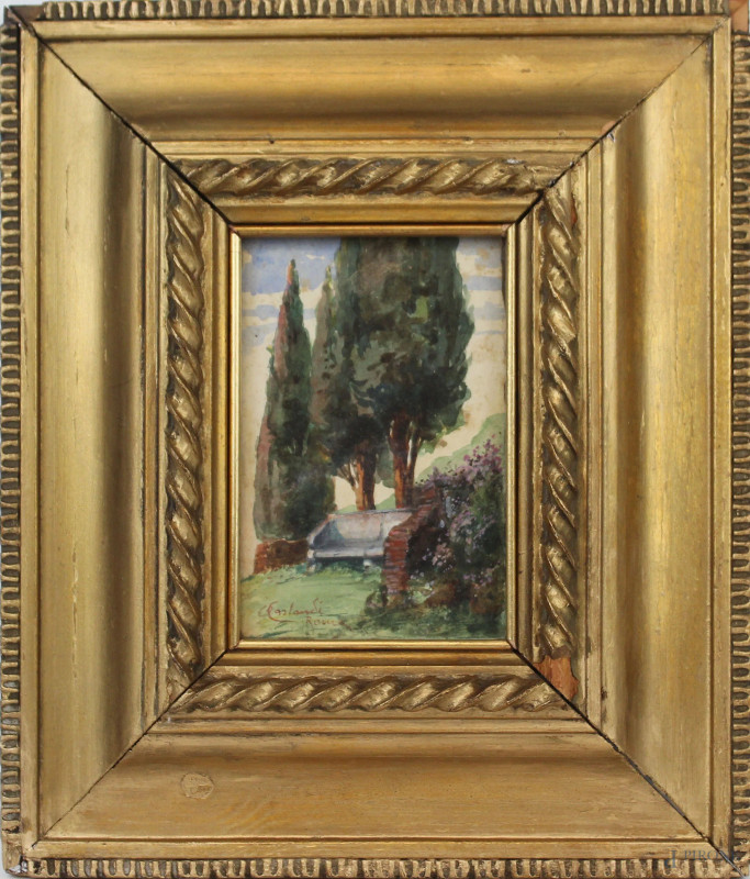 Alberi con panchina, acquarello su carta, cm 14x10, firmato, entro cornice.  - Asta ANTIQUARIATO E ARTE MODERNA - Aste Pirone