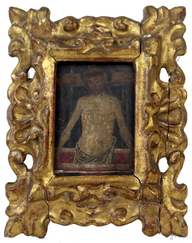 Antica tavola raffigurante Cristo nel sepolcro, olio su tavola, cm 14x10, entro cornice, (difetti e cadute di colore).  - Asta Asta a Tempo di Antiquariato e Arte Moderna - Aste Pirone