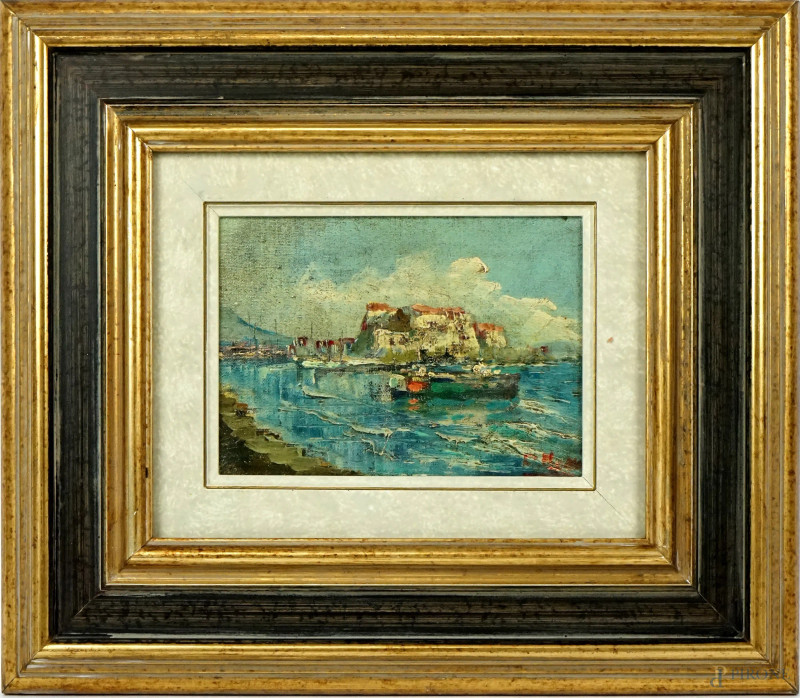 Marina, olio su cartone telato, cm 13,5x18, firmato, entro cornice.  - Asta II TORNATA DI ASTA DI ARTE MODERNA E ANTIQUARIATO - Aste Pirone