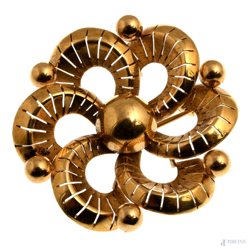 Spilla in oro 18 kt, cm 4x4, peso lordo complessivo gr 11, (segni di usura)  - Asta ASTA A TEMPO | ELECTA - Aste Pirone