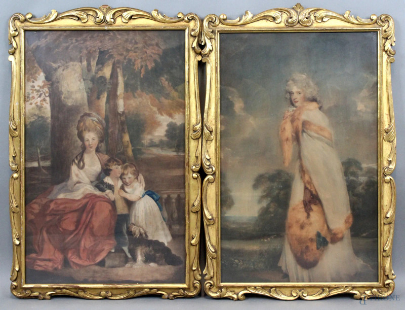 Coppia di oleografie raffiguranti Elizabeth Farren da Thomas Lawrence e Lady Elizabeth Delmé e i suoi figli da Sir Joshua Reynolds, cm. 55x35, entro cornici dorate.  - Asta ASTA A TEMPO - DUE SESSIONI - Aste Pirone