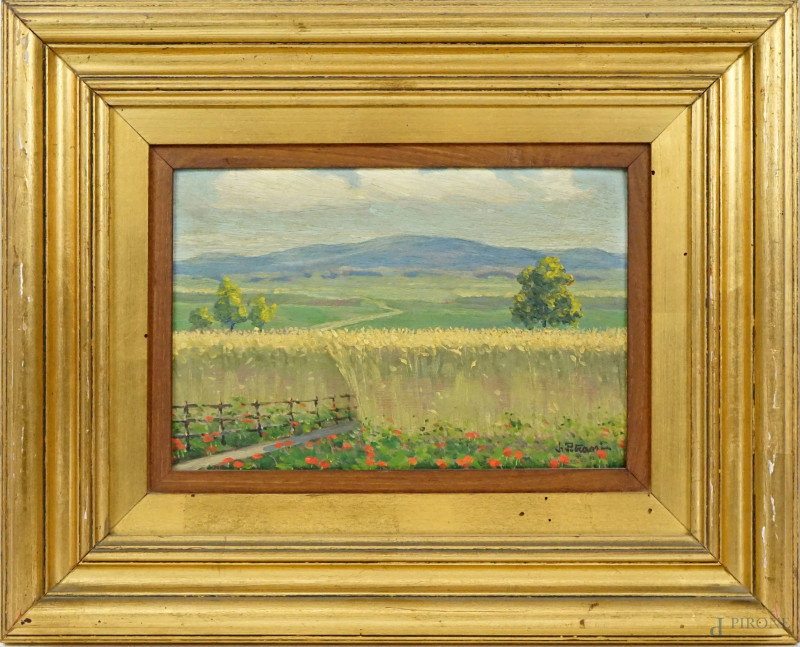 Luigi Petrassi : Campo di grano, olio su compensato, cm 15x23 circa, entro cornice.  - Asta ASTA A TEMPO - Aste Pirone