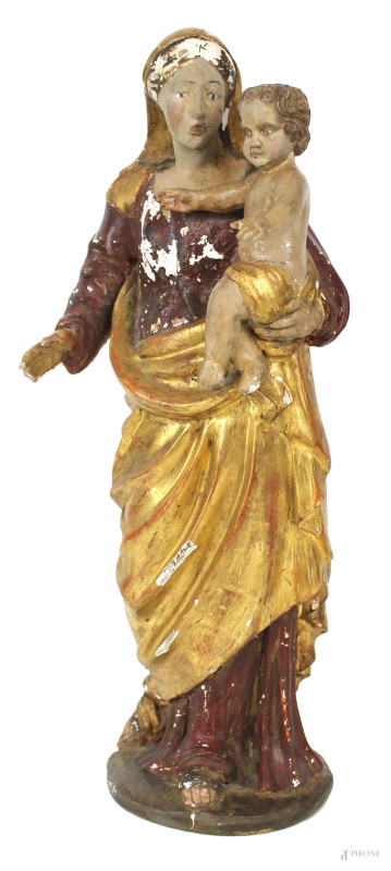 Madonna con bambino, scultura in legno intagliato, dorato e dipinto, cm h 47, XIX secolo, (difetti).  - Asta ANTIQUARIATO E ARTE MODERNA - Aste Pirone