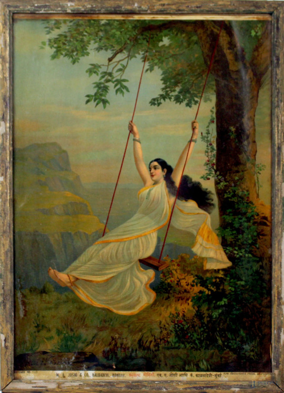 Mohini su un'altalena, stampa a colori da  Raja Ravi Varma (1848-1906), M.A. Yoshi&Co. Kalbadevi, Bombay, N.155, cm 49,5x34,5, entro cornice, (difetti).  - Asta SECONDA TORNATA D' ASTA A TEMPO DI FINE STAGIONE - Aste Pirone