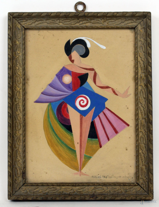 Scuola russa, Ballerina, tempera su cartoncino, cm 25,5x18,5, siglato, entro cornice  - Asta ANTIQUARIATO E ARTE MODERNA - Aste Pirone